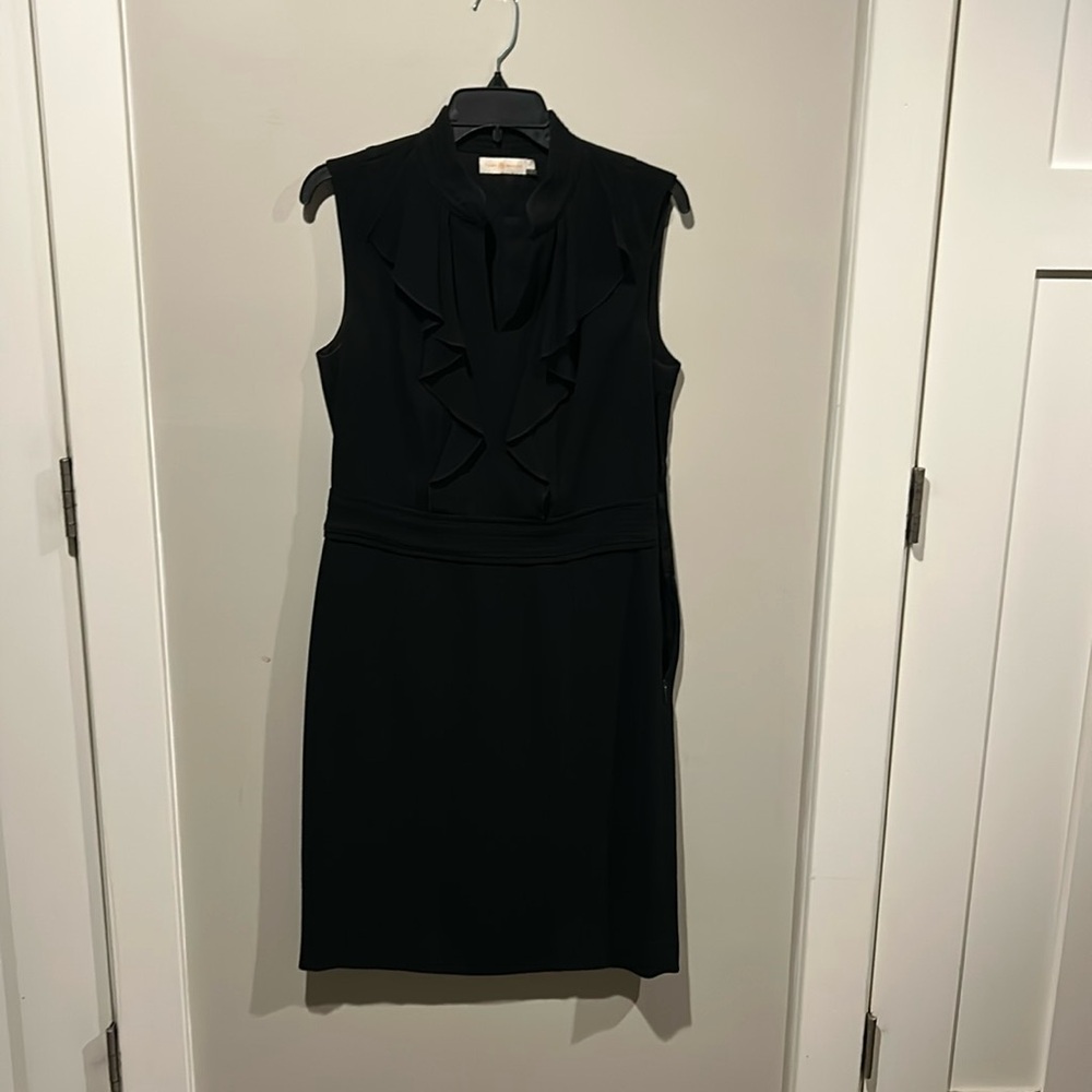 Tory Burch slim fitting sleek black dress with ruffle collar detail